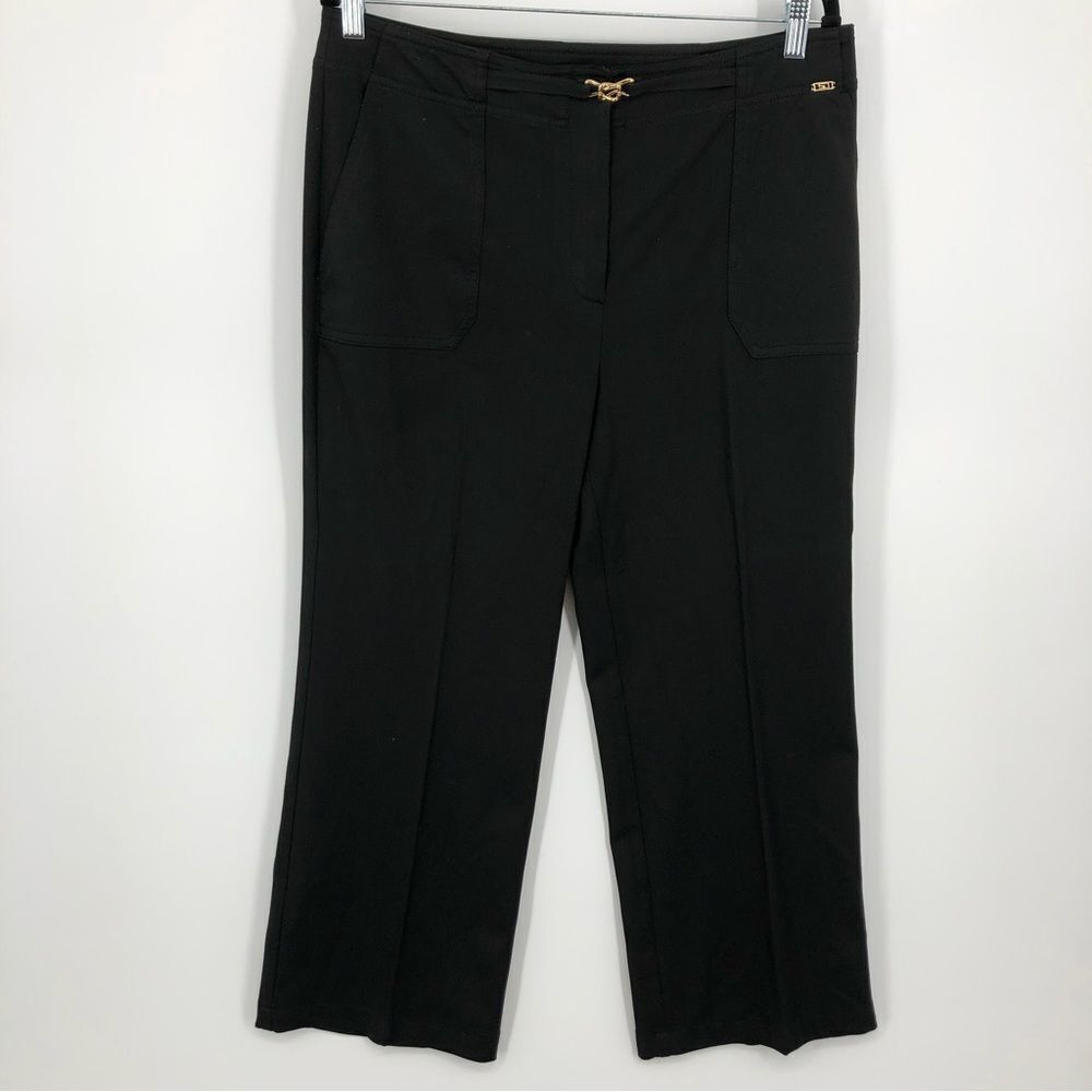 St. John‎ Sport Trouser Pants Womens 12 Black Seam Front Belt Detail Gold Tone